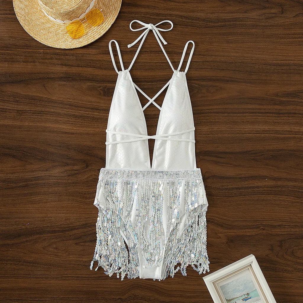White deep V tassel one-piece swimsuit dress for swimming