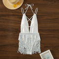 White deep V tassel one-piece swimsuit dress for swimming
