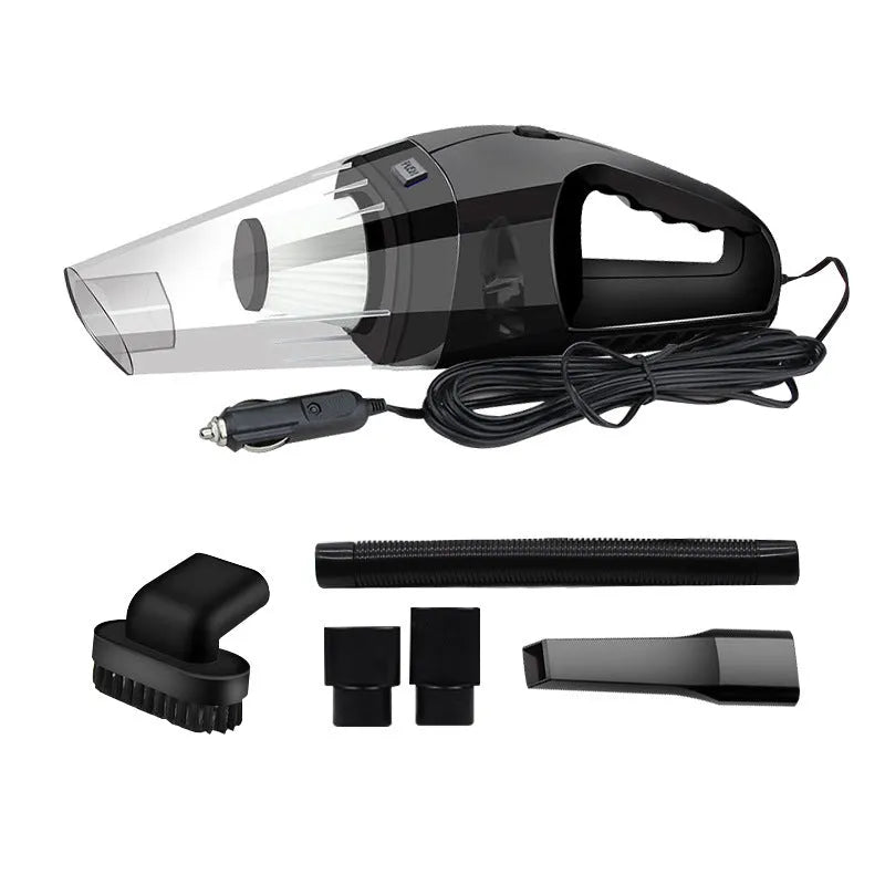 Orange handheld car vacuum cleaner with nozzle, 12V plug and cord for interior cleaning.