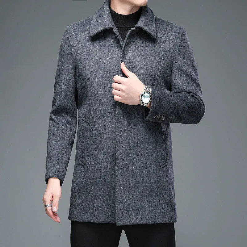 Mid-length wool blend trench coat with lapel collar in navy blue, Korean slim fit