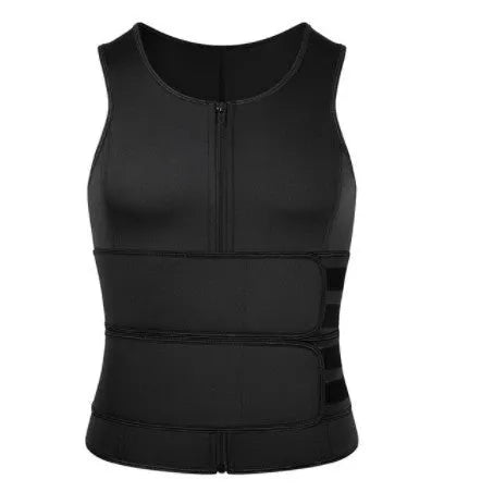 Black men's shapewear tank top with neoprene core and 4 steel bones on plain background
