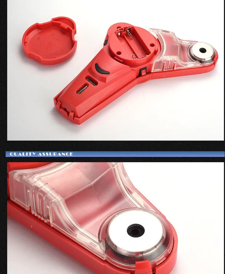 Red portable woodworking laser level with punch positioning tool on a workbench.