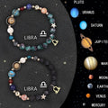 Two natural stone beaded bracelets with zodiac signs on an adjustable bangle.