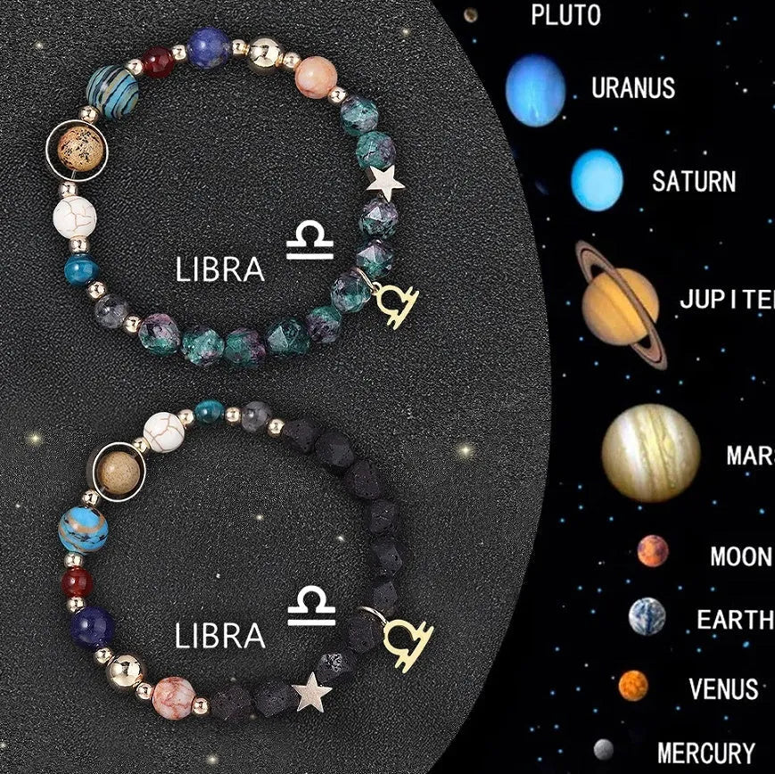 Two natural stone beaded bracelets with zodiac signs on an adjustable bangle.
