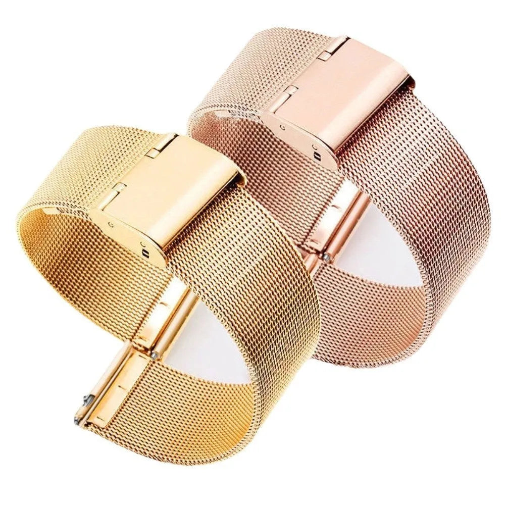 Milani silk woven stainless steel watch band replacement strap showing metallic colour finishes and different width sizes