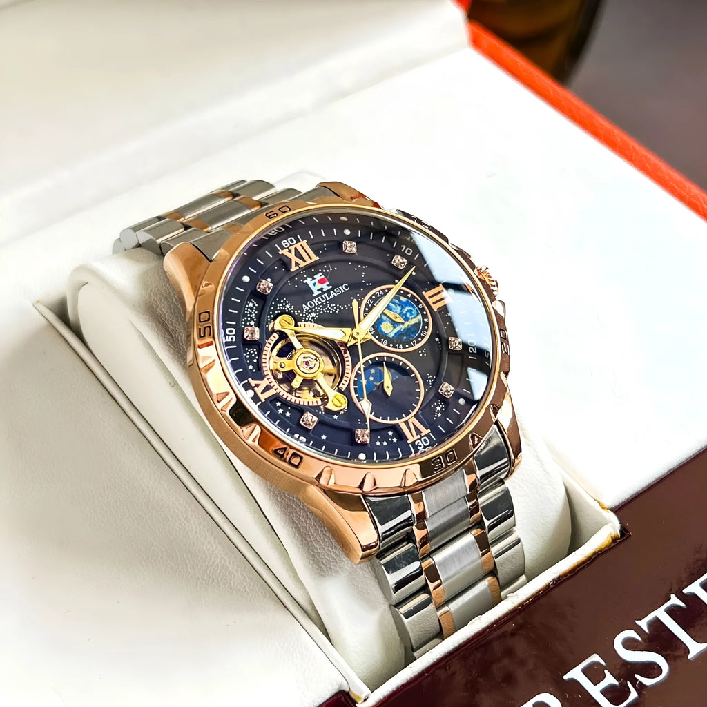 Automatic mechanical men's watch with rose gold shell, black surface, and large multifunctional dial