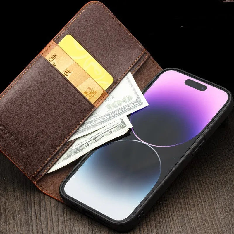 Genuine leather flip cover for iPhone 14 with anti-drop protection, black colour