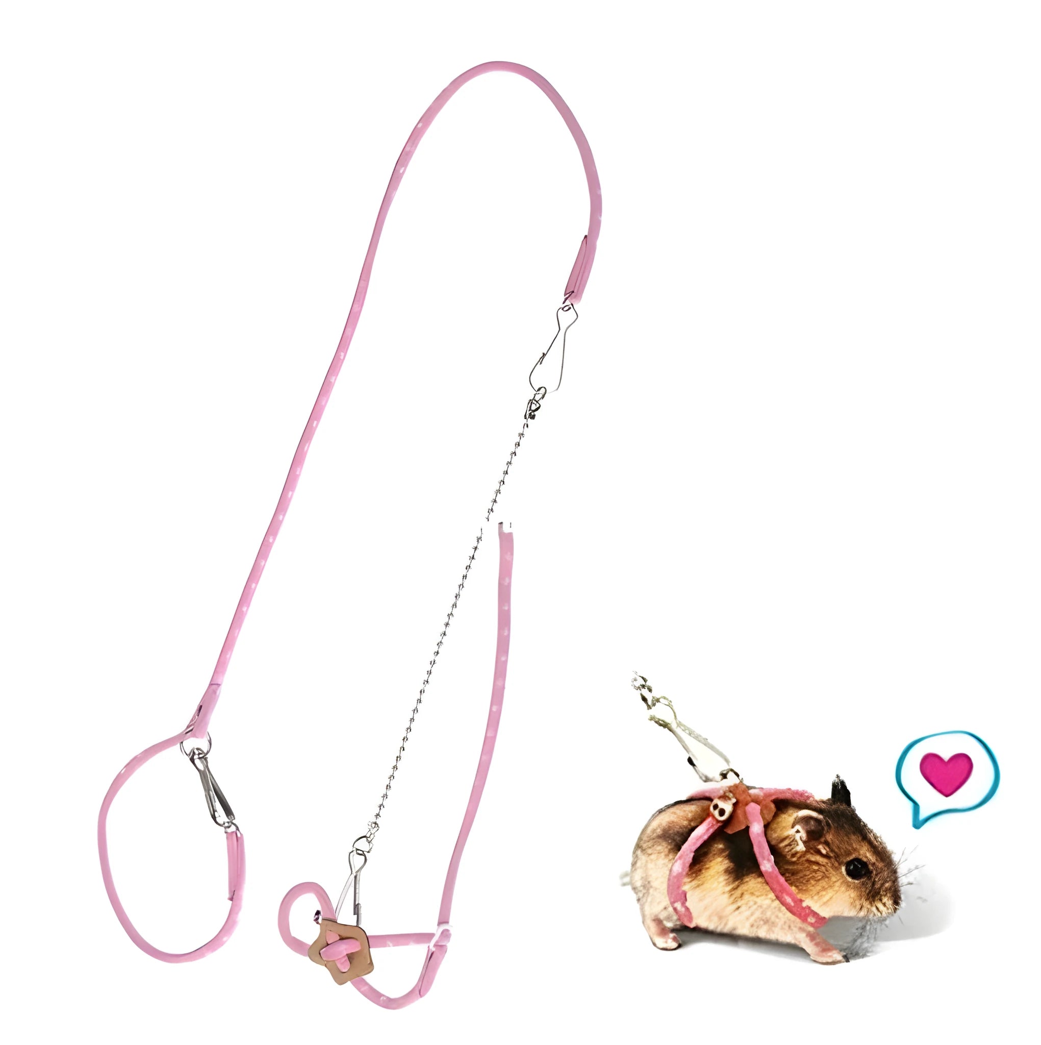 Pink hamster training traction rope with adjustable nylon straps and small bell on 60cm lead
