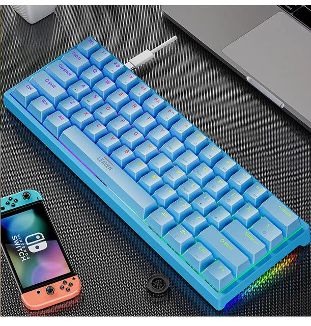 61-key blue switch mechanical keyboard with seven-color backlight, compact ABS build, Type-C wired connection