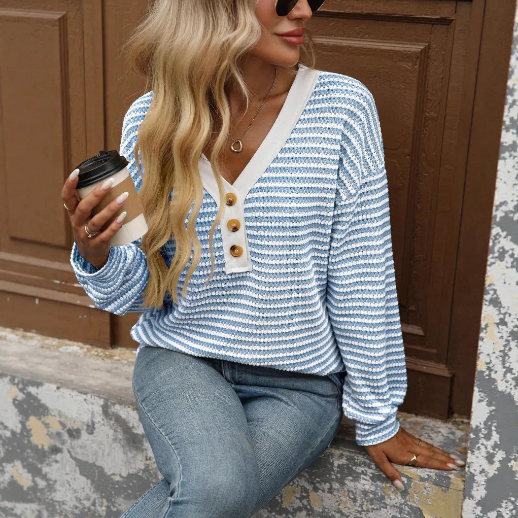 Women's loose V-neck button front casual top with patchwork design in multiple colours