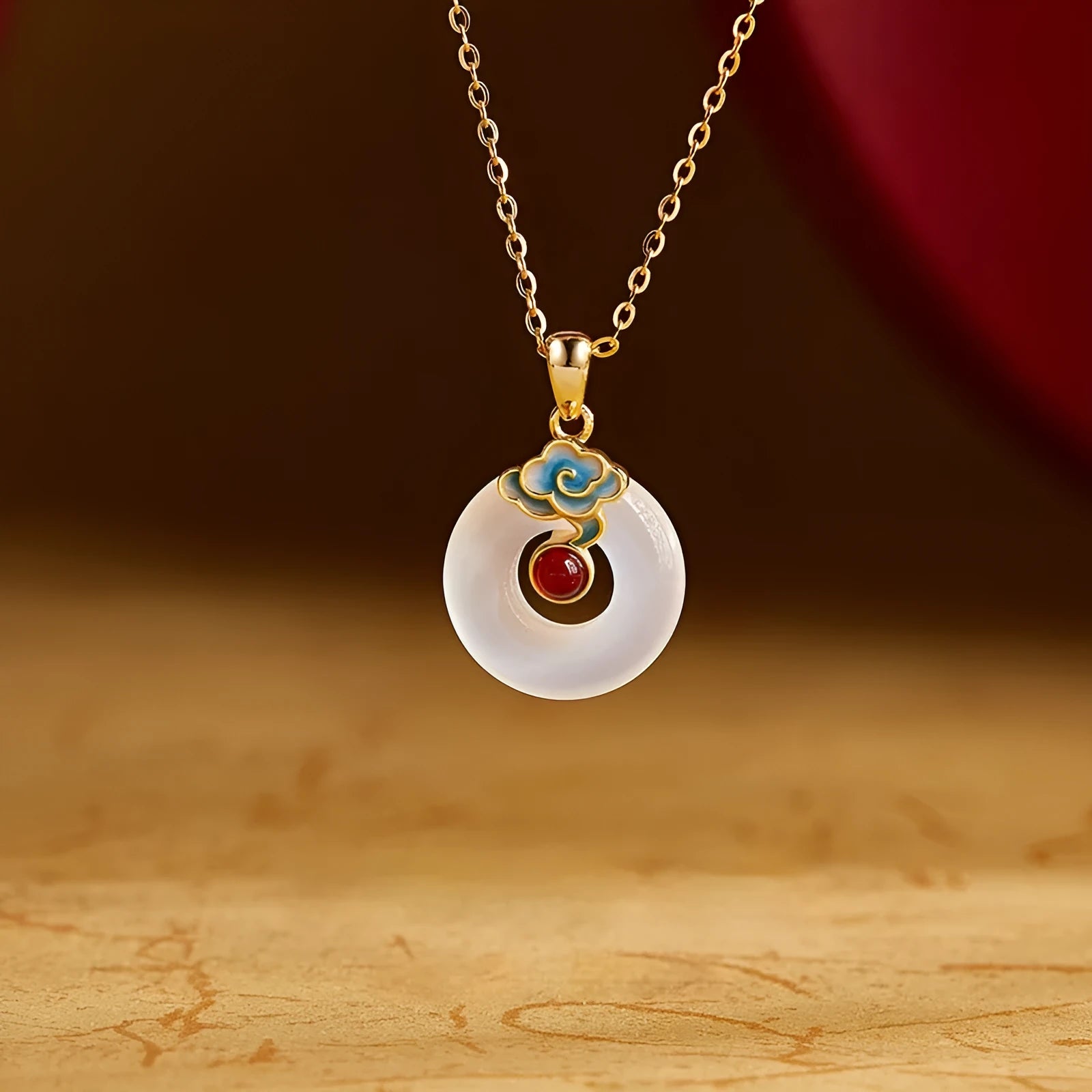 925 silver pendant necklace with cold enamel red agate and white chalcedony on adjustable chain