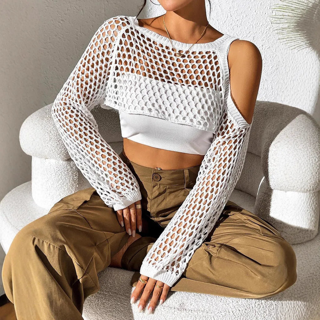 Mesh shirt with hollow navel design in polypropylene fibre, shown in one of six colours.