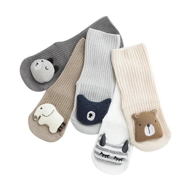 Baby non-slip socks with glue print sole in blue white bear colour, loose fit combed cotton middle tube