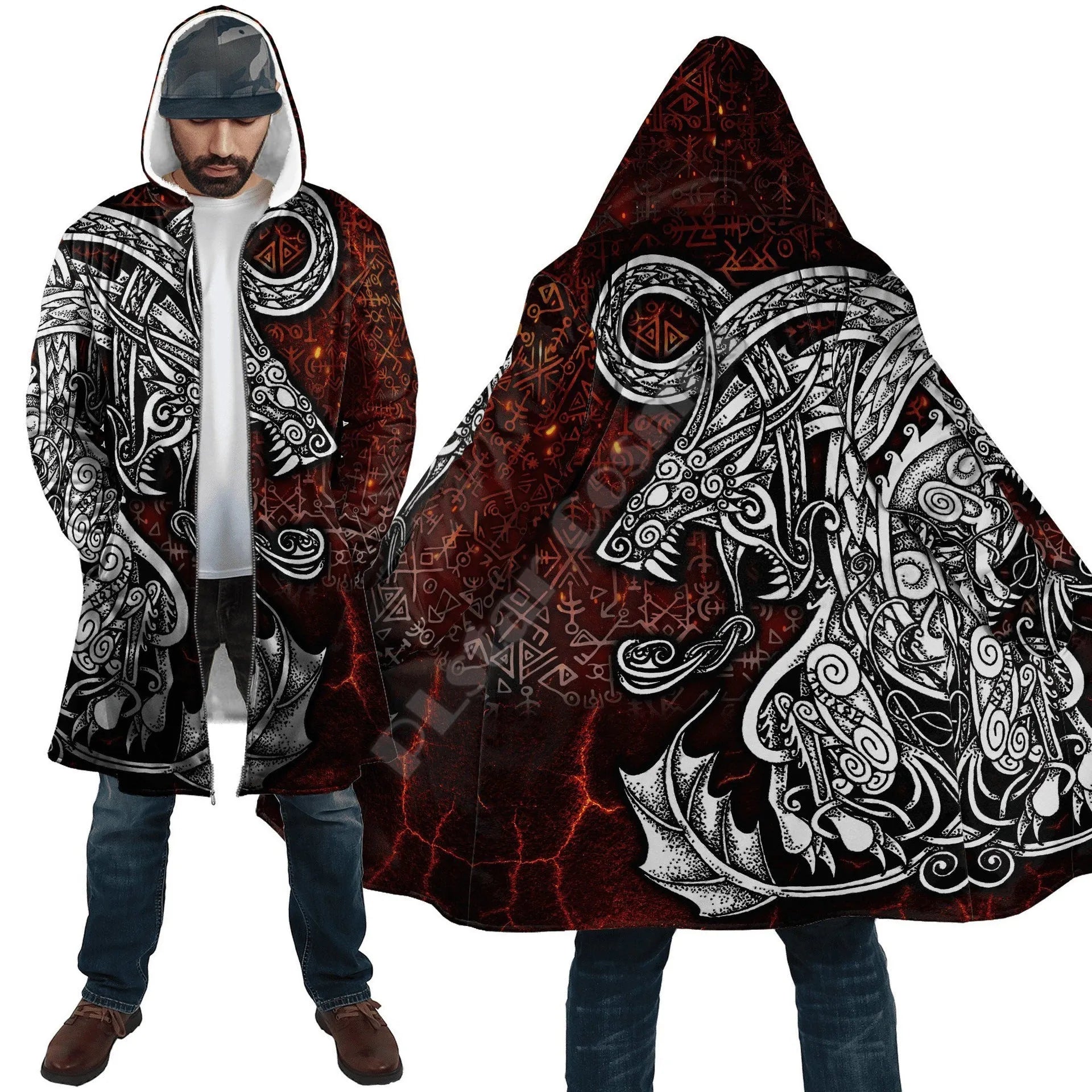 Men's fleece-lined thick windbreaker with 3D digital tattoo print hooded winter coat in loose fit