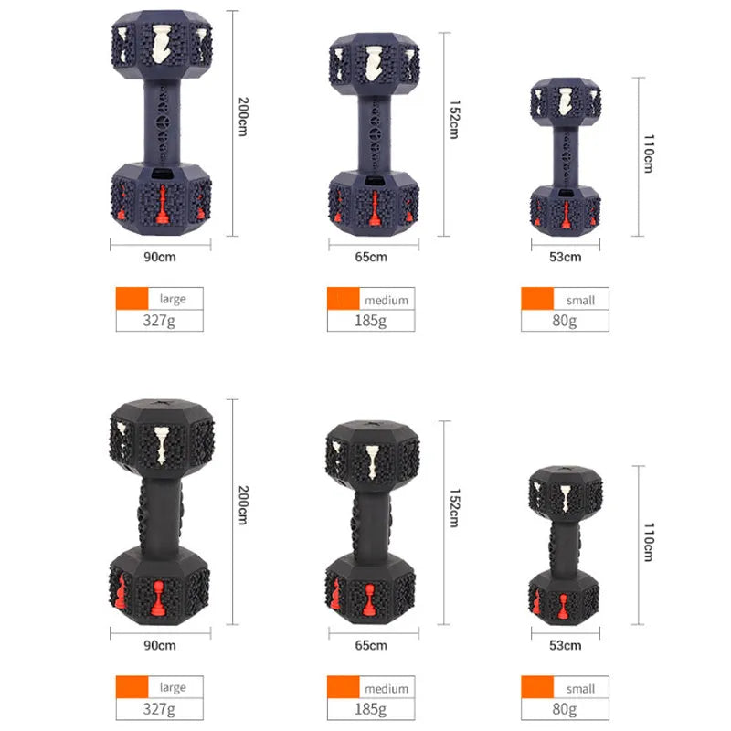 Black hollow dumbbell-shaped dog chew toy with textured ends on a plain background.