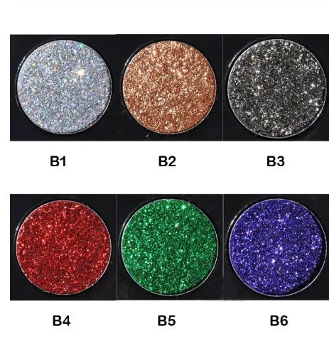 Sequin eye shadow tray with 6 colour palette, compact 10 cm by 7.8 cm, smooth silk texture