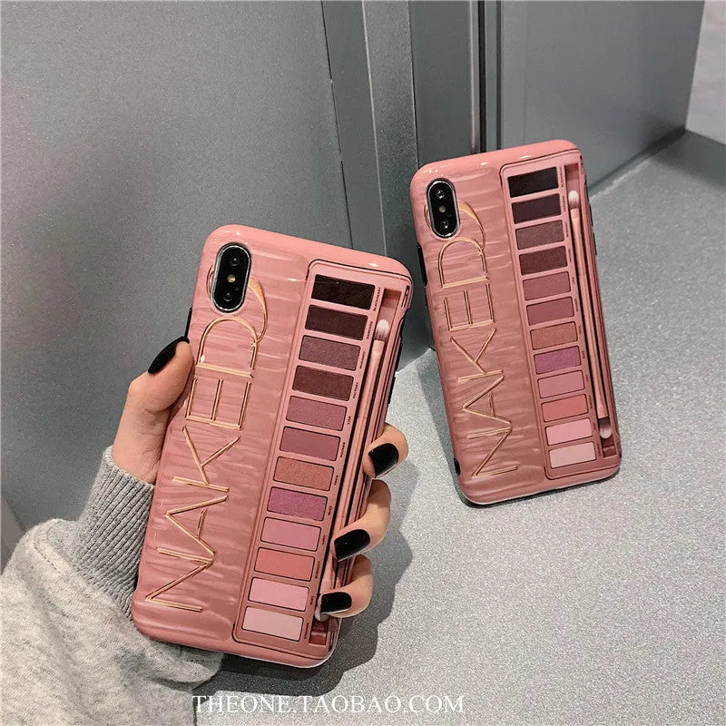 Silicone phone case with eye shadow pattern for iPhone, shown in Flesh and Grey colours