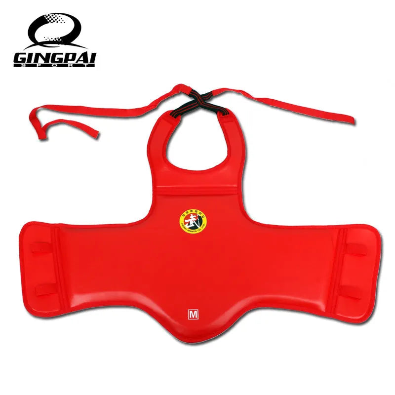 Red boxing helmet with integrated chest protector for fighting training
