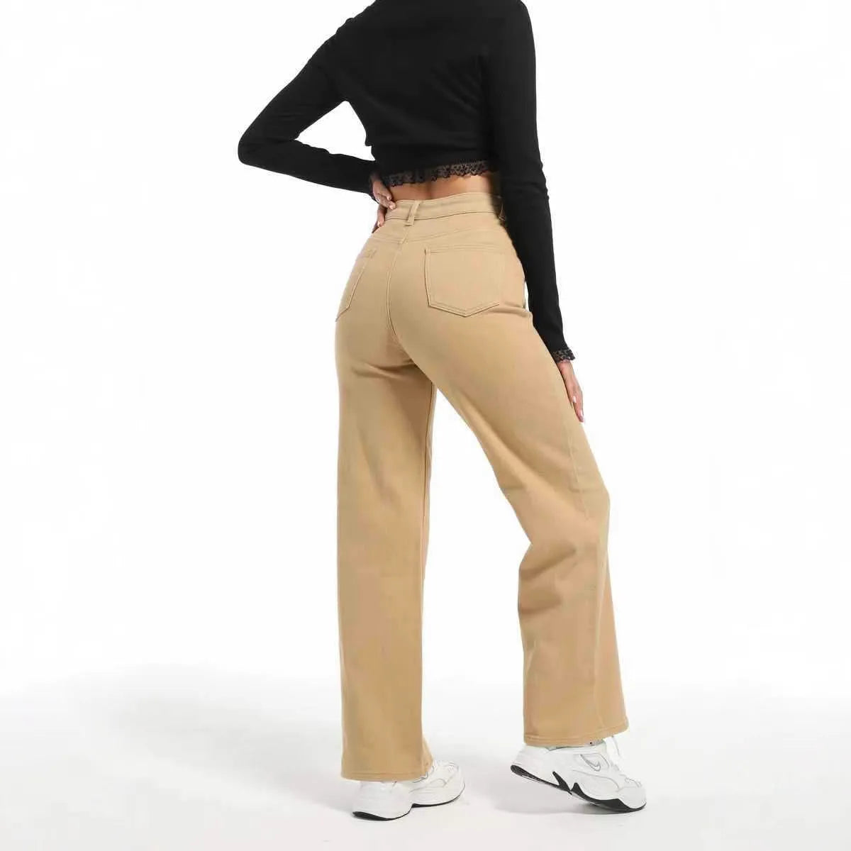 Women's high waist wide leg straight jeans in apricot colour with elastic cotton fabric
