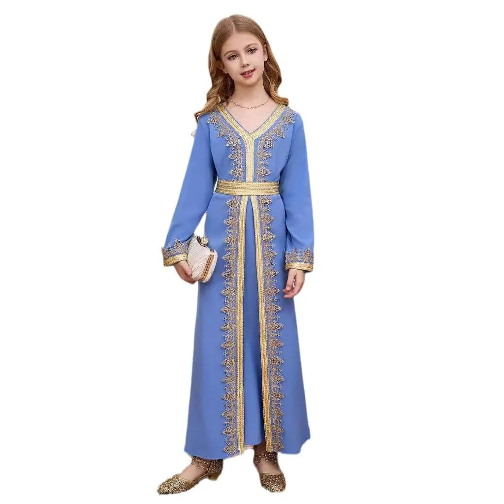Children's girls lace v-neck dress in ice blue, Dubai style, polyester fabric suitable height 4Y-12Y