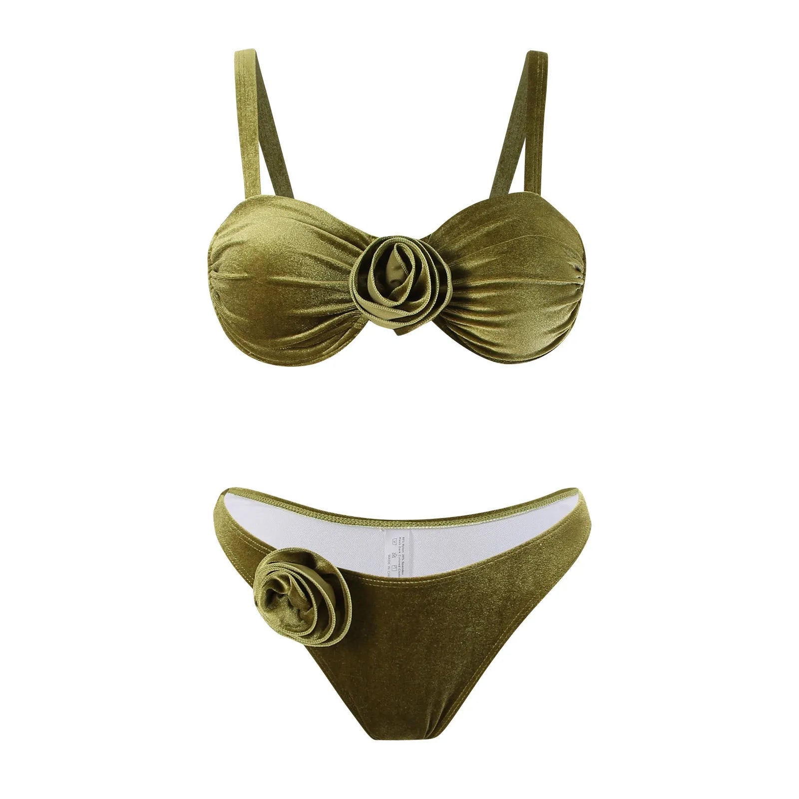 Women's green floral swimsuit with 3D flower pattern, high elasticity briefs style for swimming and fitness.