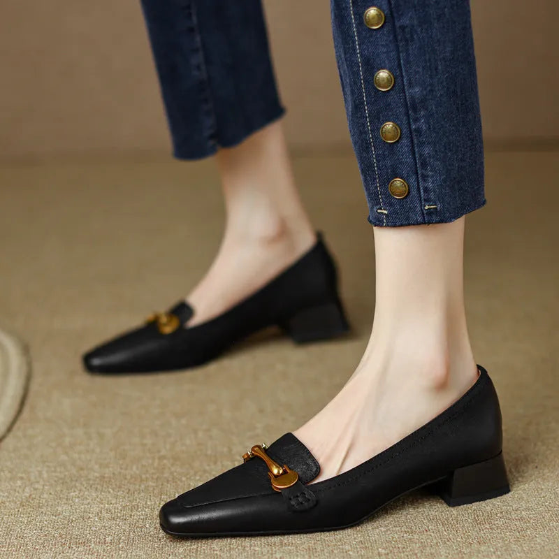 Women's brown retro square toe leather shoes with rubber sole British style