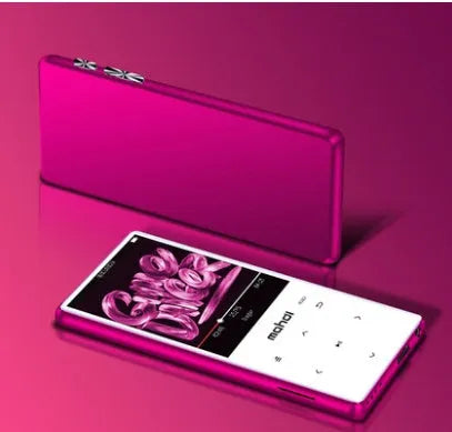 Silver mini portable MP3 player with a 2.4-inch colour touch screen showing a music interface.