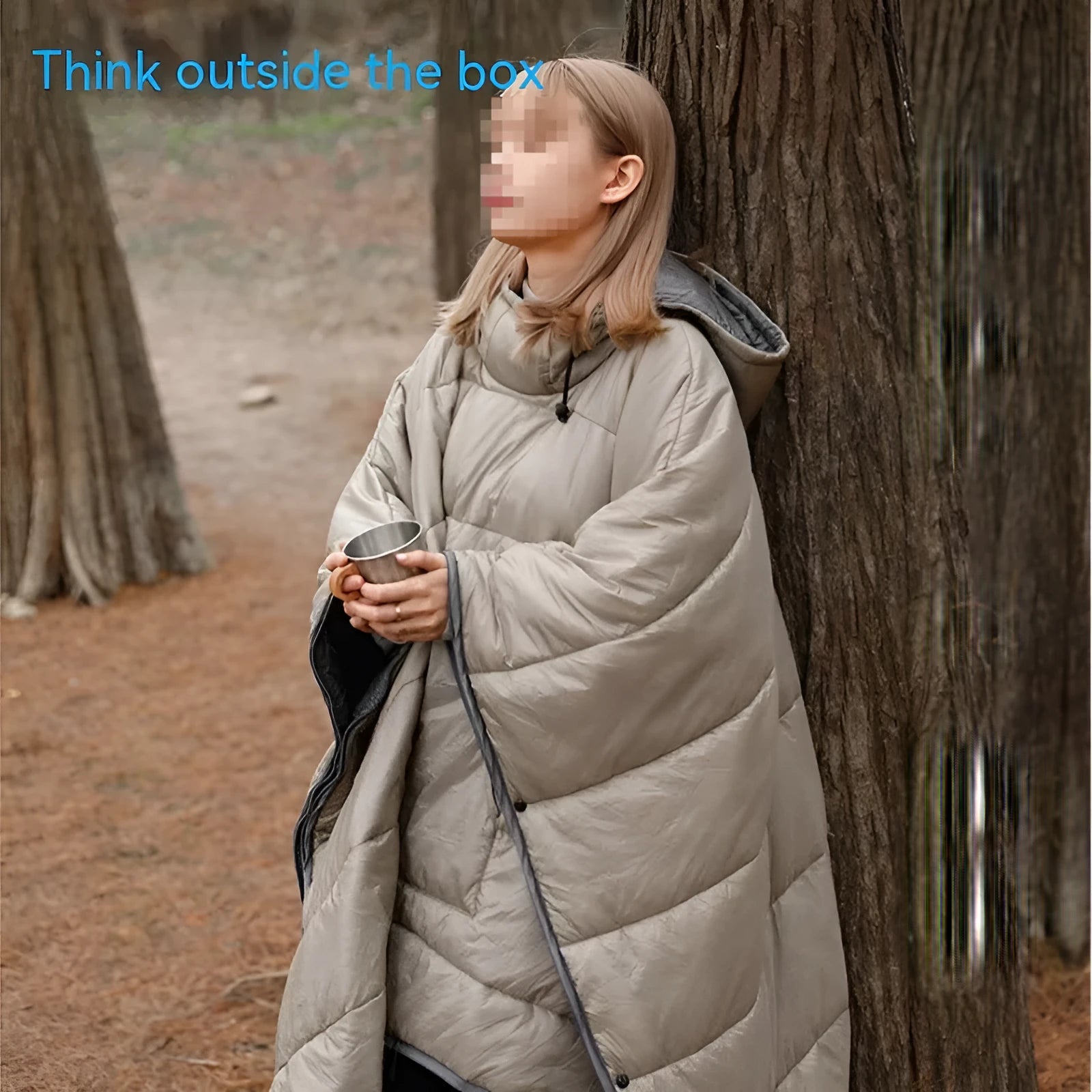 Outdoor cloak sleeping bag shown as wearable cape and as traditional sleeping bag