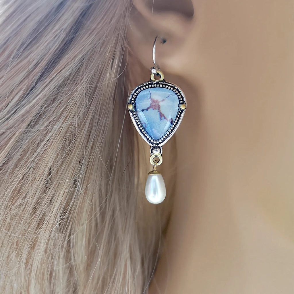 Retro blue drop earrings with geometric design and synthetic opal pearl details