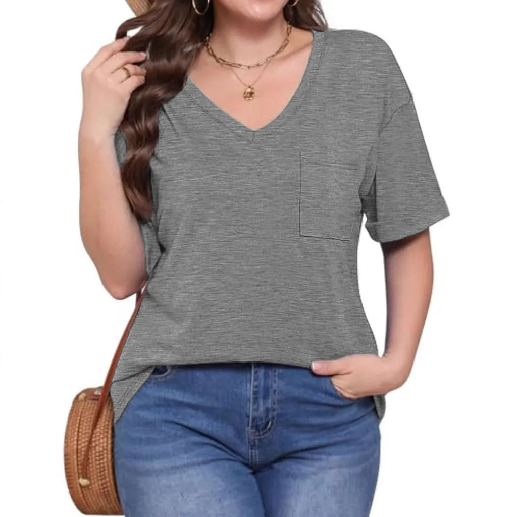 Grey loose fit V-neck T-shirt with chest pocket in Japanese Korean casual style