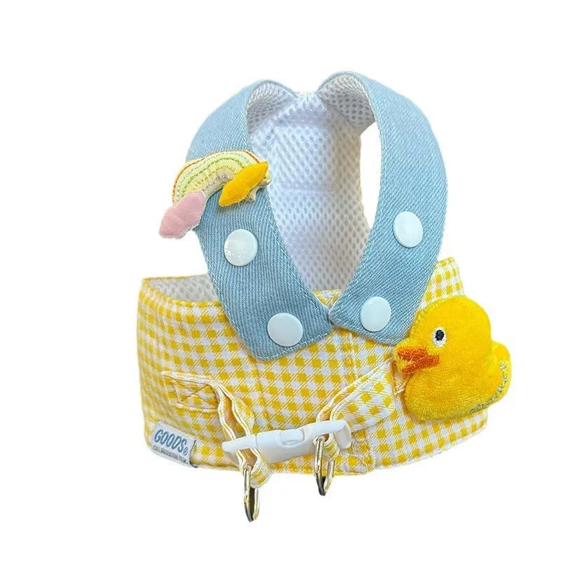 Adjustable pet harness and leash set with cotton cat clothes outfit, cute hat, and wire rope pulling toy