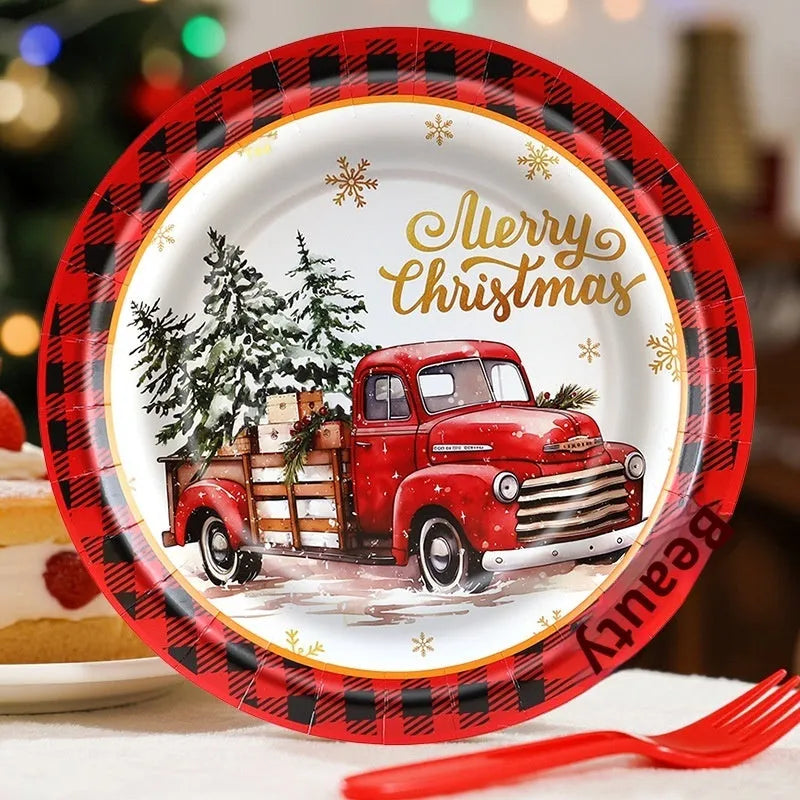 Disposable tissue paper pallet 10-pack with 7-inch and 9-inch cartoon-style paper plates for Christmas parties