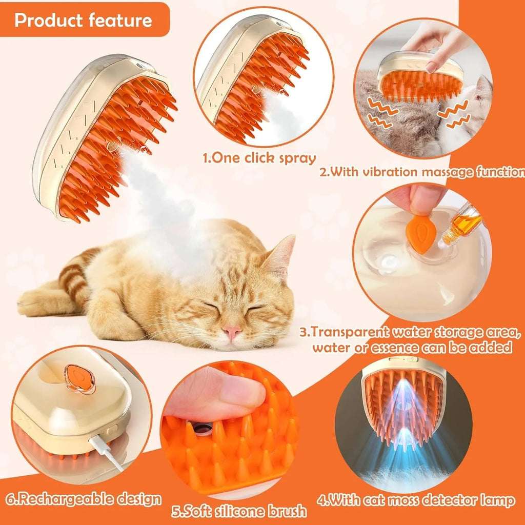 Yellow 4-in-1 USB rechargeable cat steam brush with silicone teeth, water tank, and ringworm detector lamp.