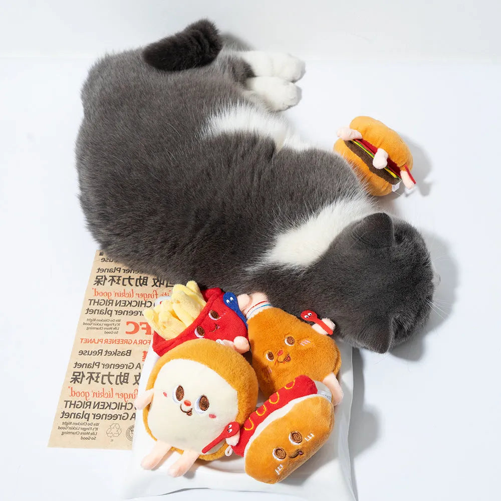 Set of five soft cat chew toys shaped like a hamburger, chicken leg, fries, bread, and hot dog for teething kittens.