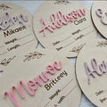Square wooden newborn name label with birth information display, 15x15 cm plywood construction