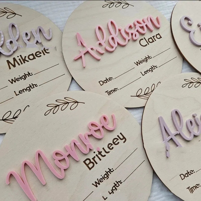 Square wooden newborn name label with birth information display, 15x15 cm plywood construction