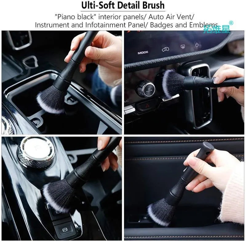 Black car detailing brush with super soft pig hair bristles and polypropylene handle for interior cleaning