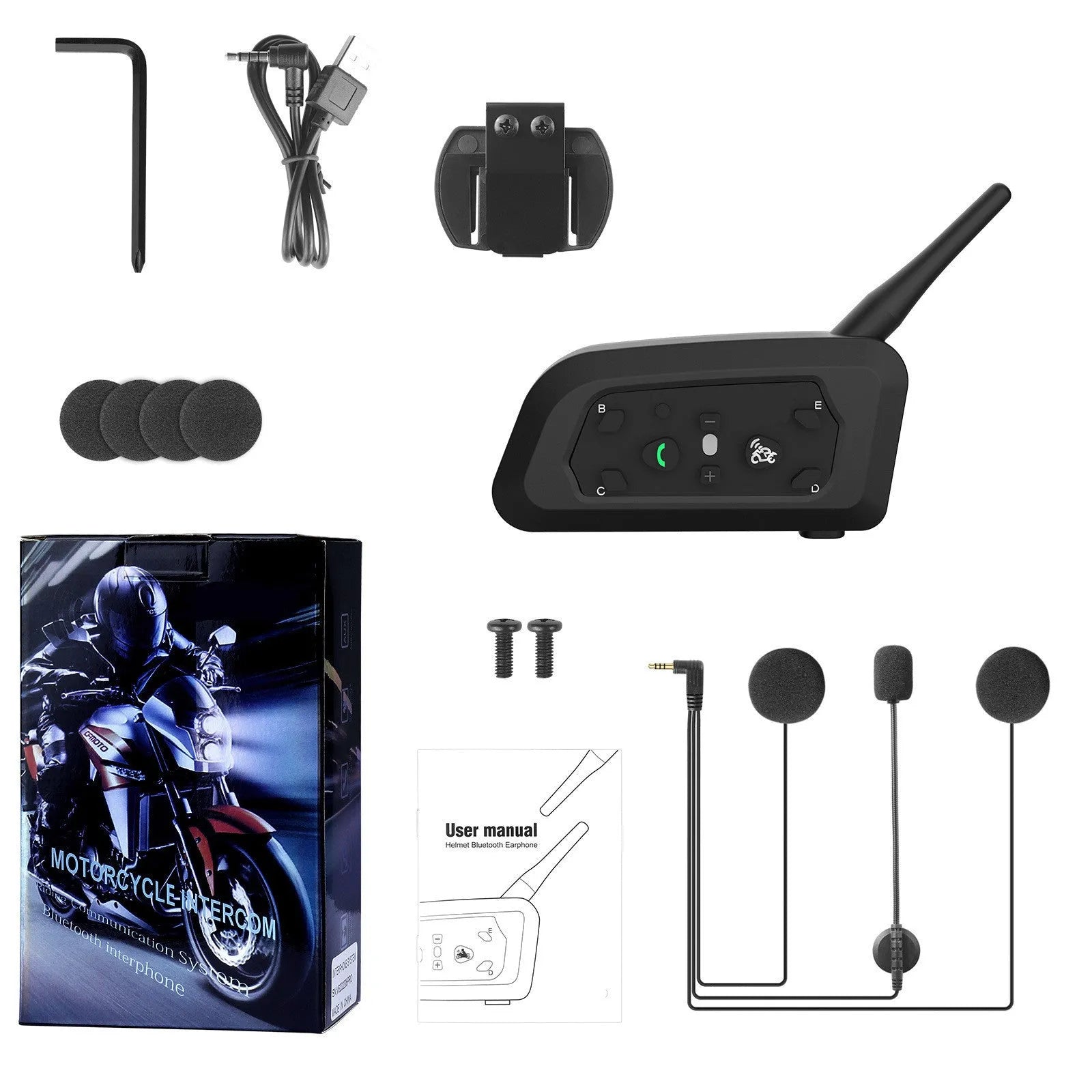 Motorcycle helmet Bluetooth intercom V6 Pro with mounting accessories and 800 metre communication range