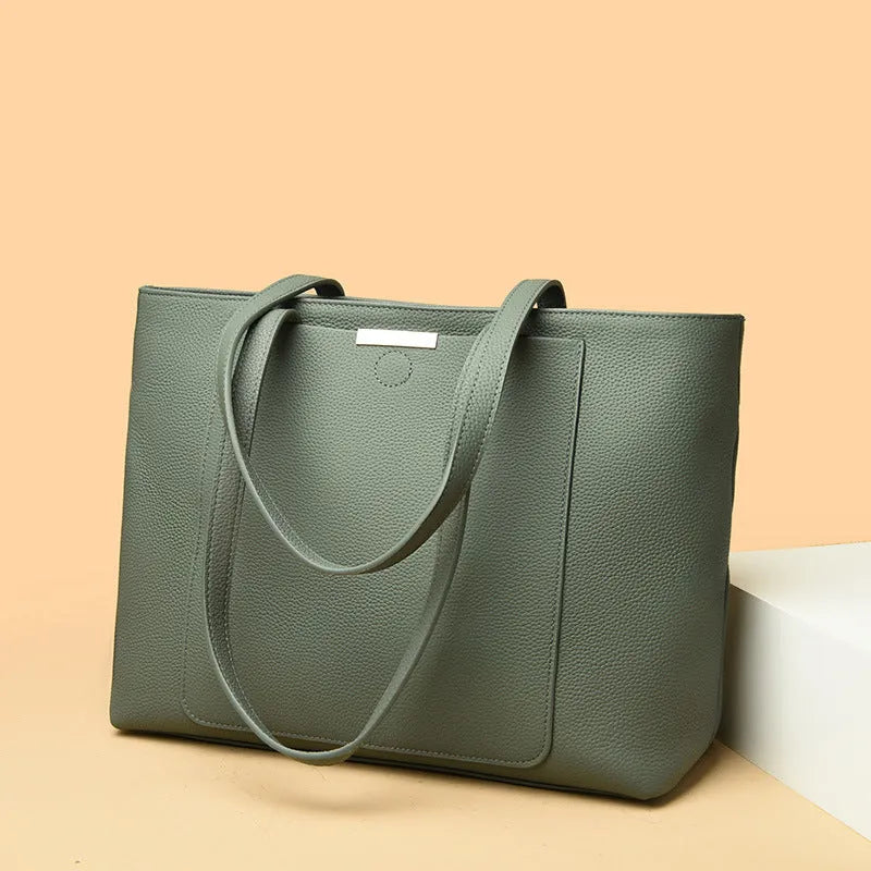 Genuine leather tote bag women's large capacity shoulder bag horizontal square black