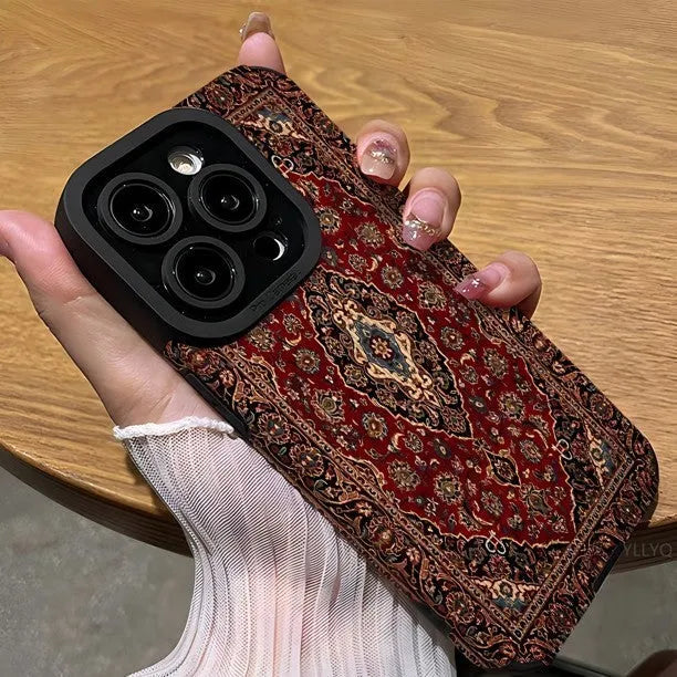 Yellow Persian carpet pattern embossed imitation leather phone case with lanyard for Apple iPhone