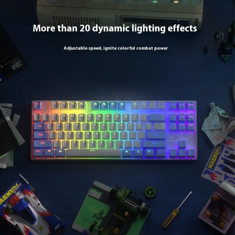 Wireless Bluetooth mechanical keyboard with metal frame in blue white and purple white colour options