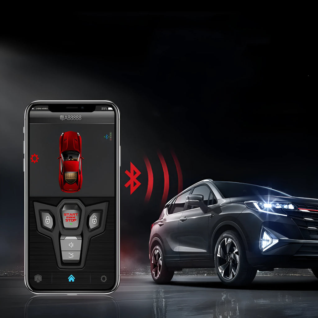 Red and black one-way remote control car alarm system with two remotes for vehicle security.