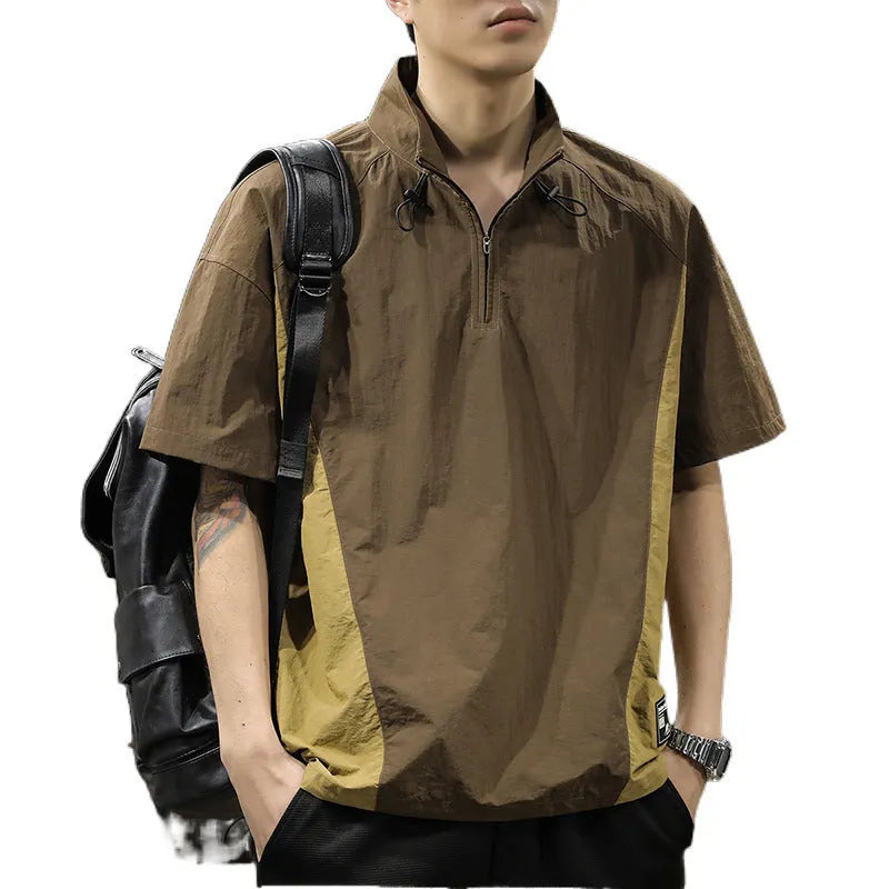 Men's brown half-zip stand collar business casual shirt with short sleeves