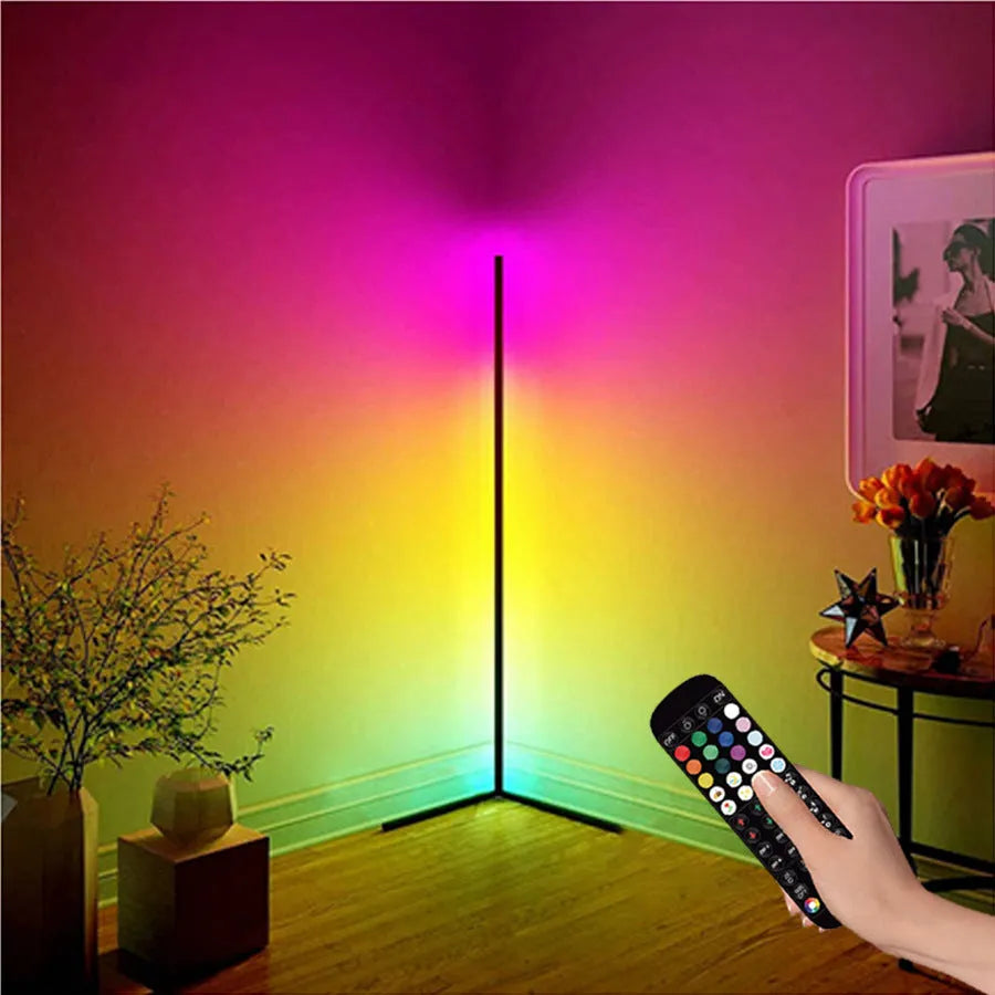 Black smart RGB floor lamp with aluminium alloy body and silicone shade, shown with remote control
