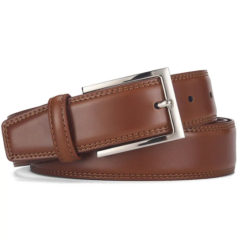 Men's leather belt with pin buckle in genuine cowhide leather showing colour variations