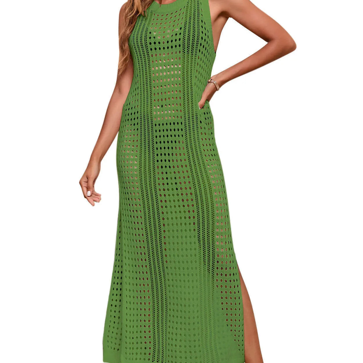 Women's long loose hollow-out knitted beach blouse in a solid colour with a cotton blend lining.