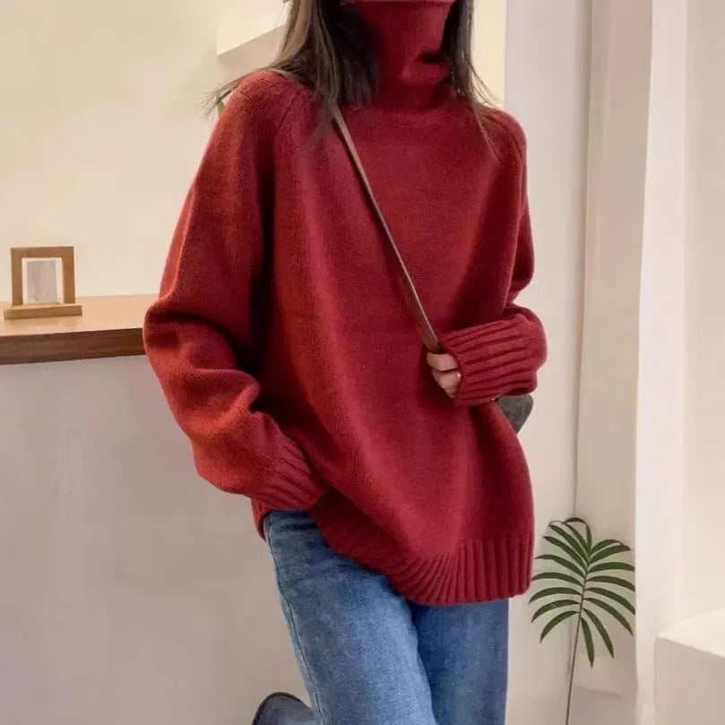 Women's loose turtleneck sweater with thick curling pile collar in red camel grey or black