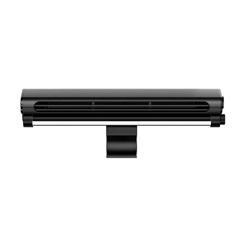 Black USB-powered bladeless fan with clip mount attached to laptop screen showing integrated lighting