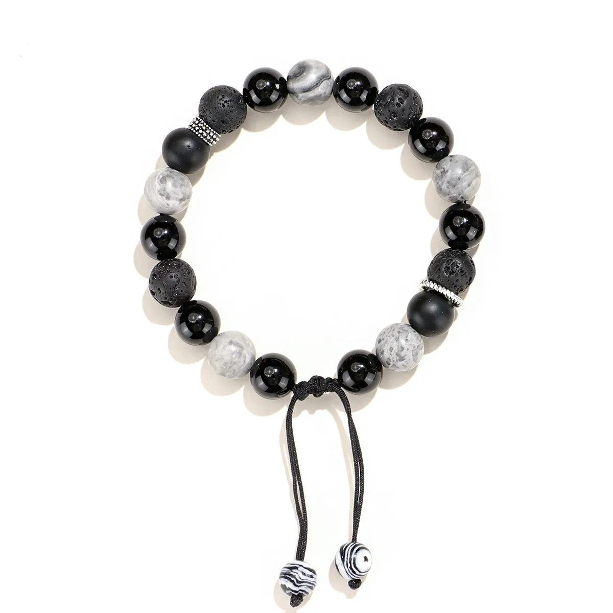 Black agate volcanic rock bracelet with diamond-cut facets, shown in two width sizes.
