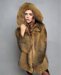 Silver grey women's loose-fit mid-length artificial fur coat on a hanger